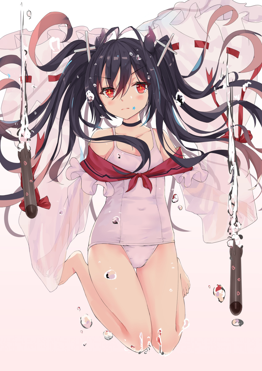 1girl absurdres air_bubble antenna_hair azur_lane bare_legs bare_shoulders barefoot black_dress black_hair blush bubble closed_mouth collarbone commentary_request covered_navel dress facial_mark full_body hair_ornament highres horns i-168_(azur_lane) long_hair long_sleeves looking_at_viewer old_school_swimsuit one-piece_swimsuit qianqiu_wanxia red_eyes ribbon_trim school_swimsuit see-through see-through_sleeves sleeves_past_fingers sleeves_past_wrists solo star swimsuit symbol-shaped_pupils toenails twintails water white_school_swimsuit white_swimsuit wide_sleeves