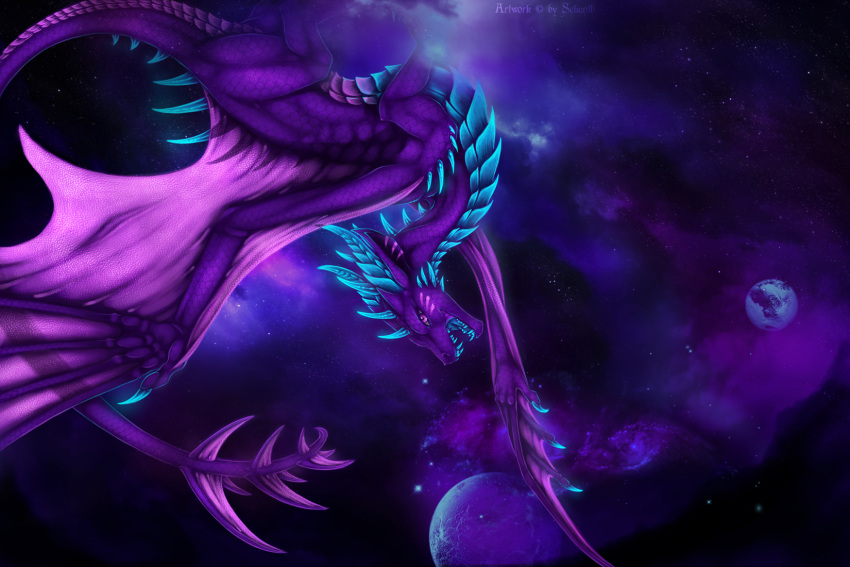 2019 ambiguous_gender claws cosmic_background detailed_background digital_media_(artwork) dragon hi_res horn membrane_(anatomy) membranous_wings open_mouth purple_eyes purple_scales ridged_horn scales scalie selianth spines teeth tongue western_dragon wings