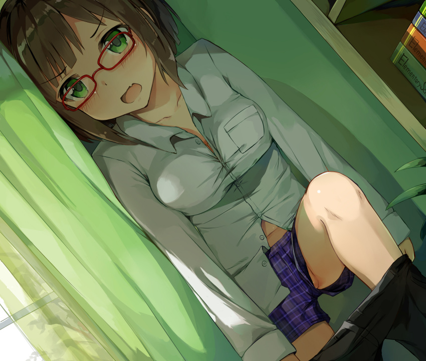 1girl absurdres bangs blush book bookshelf boxers breasts brown_hair cleavage collarbone collared_shirt commentary_request curtains day dot_nose dress_shirt dutch_angle eyebrows_visible_through_hair fang glasses green_eyes highres idolmaster idolmaster_cinderella_girls indoors large_breasts long_sleeves looking_at_viewer maekawa_miku open_mouth pants pants_pull partially_unbuttoned partially_visible_vulva plaid_boxers purple_boxers red-framed_eyewear seneto shirt short_hair skin_fang solo standing underwear undressing upshorts white_shirt