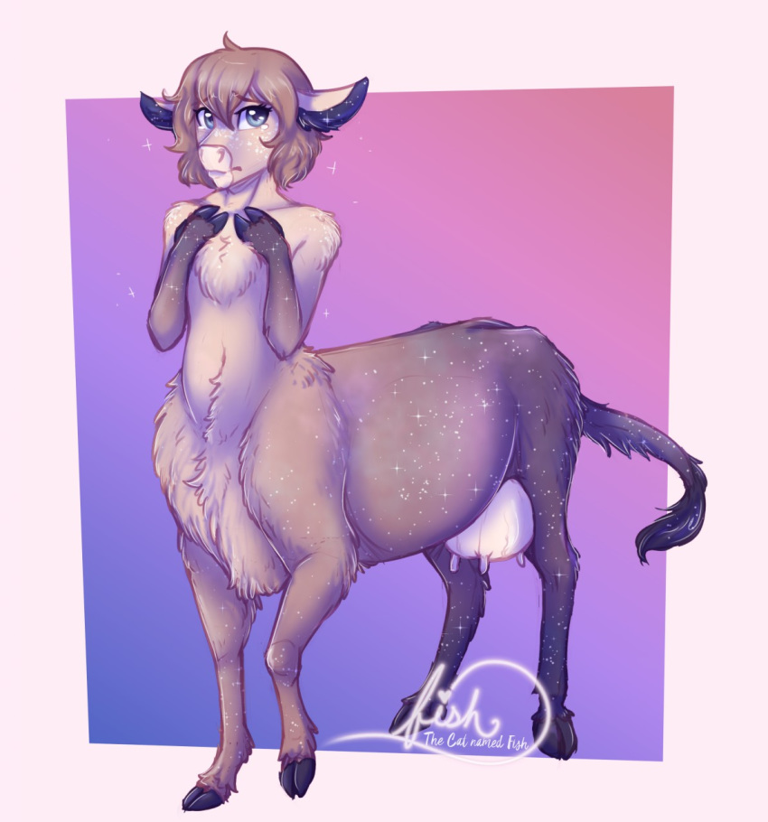 blue_eyes bovid bovid_taur bovine bovine_taur brown_hair catnamedfish cattle cattle_taur female flat_chested hair hi_res hooves mammal mammal_taur solo taur teats udders