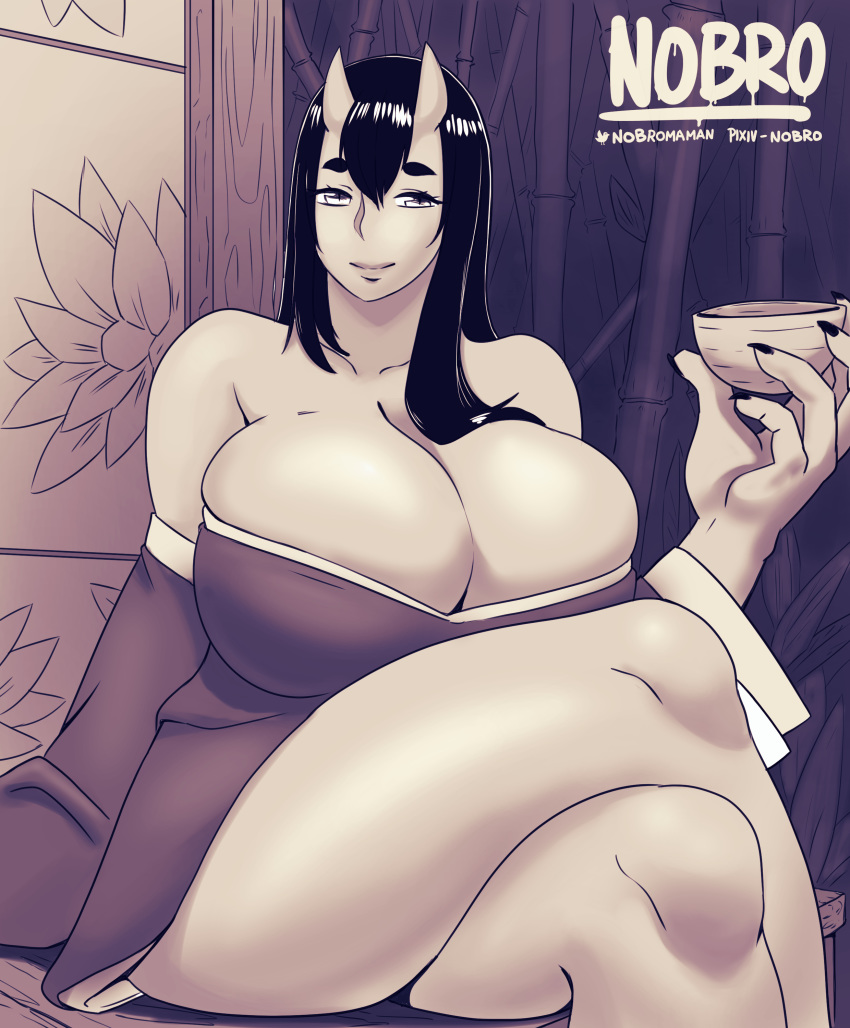 absurd_res big_breasts breasts cleavage clothed clothing crossed_legs female hi_res horn horned_humanoid humanoid nobro thick_thighs