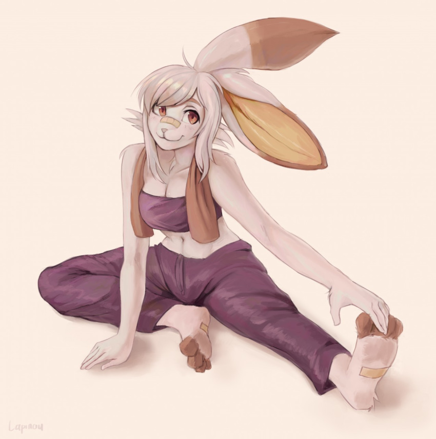 2019 anthro biped breasts brown_eyes clothed clothing female fur hair hi_res lagomorph lapinou leporid long_ears mammal multicolored_ears nintendo pok&eacute;mon pok&eacute;mon_(species) rabbit scorbunny smile solo sweatpants toes video_games white_fur