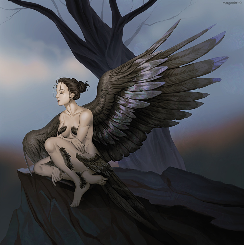 2019 5_fingers 5_toes avian blakc_feathers brown_feathers brown_hair day detailed_background digital_media_(artwork) eyes_closed feathered_wings feathers female fingers hair harpy hi_res humanoid margony nude outside sitting sky solo toes tree wings