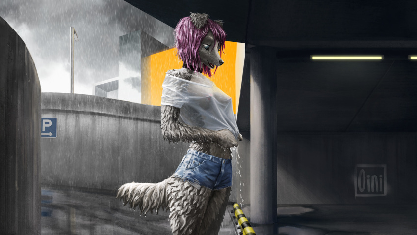 16:9 anthro blue_eyes bottomwear breasts building canid canine canis clothed clothing collar column countershading cutoffs denim denim_clothing denim_shorts domestic_dog fangs female floppy_ears fur hair hi_res looking_down mammal nipples oini open_mouth parking_garage pink_hair pink_nipples raining shirt shorts sign solo standing street_lamp topwear water wet wet_clothing wet_fur wet_hair wet_shirt wet_topwear