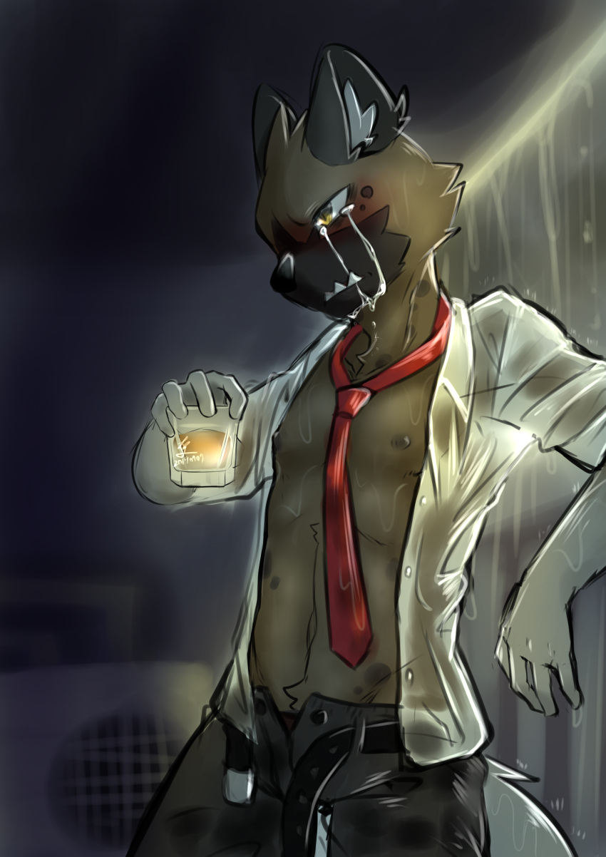 absurd_res aggressive_retsuko alcohol bananana8729 beverage bodily_fluids clothed clothing crying haida hi_res hyaenid male mammal open_shirt sanrio shirt solo tears topwear wet wet_clothing wet_shirt wet_topwear