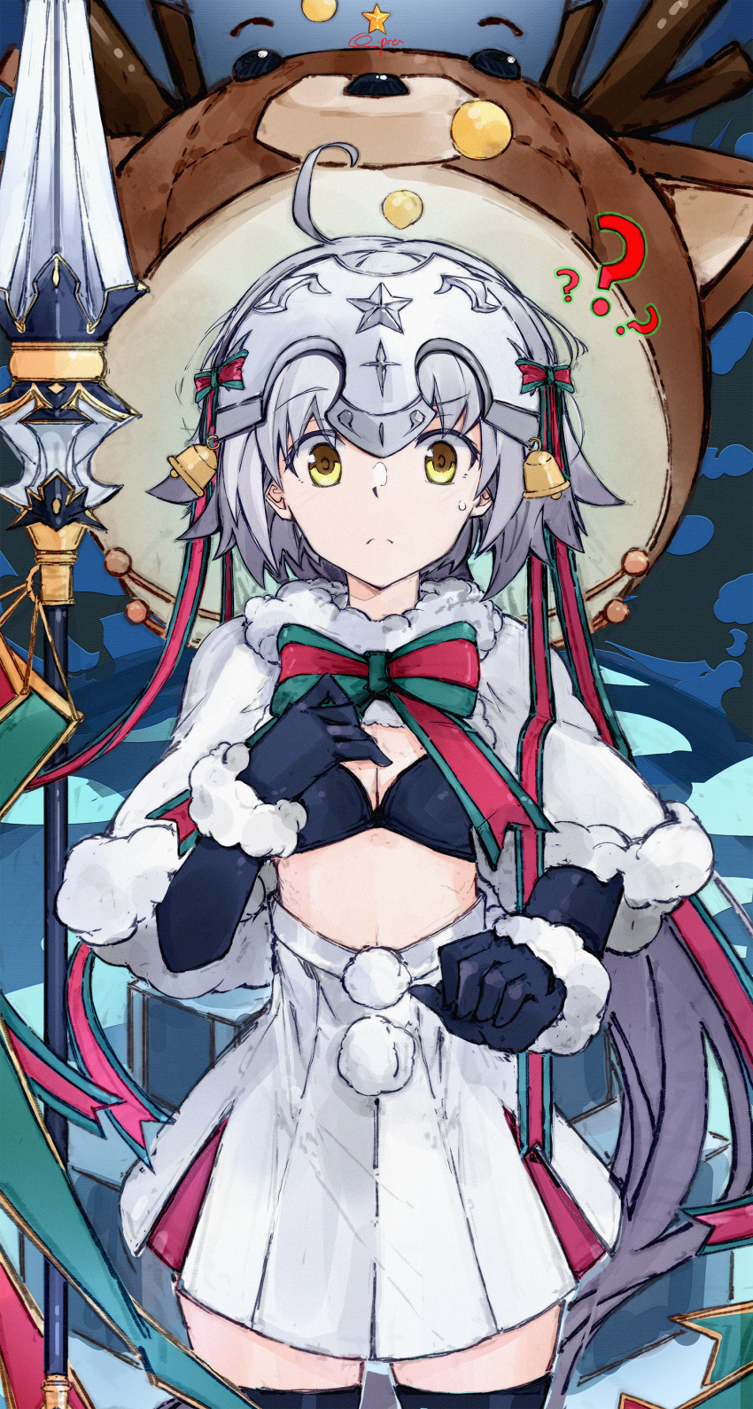 1girl ? absurdres bangs bell bikini_top black_bikini_top black_gloves black_legwear bow breasts brown_eyes capelet cleavage closed_mouth commentary_request dress elbow_gloves eyebrows_visible_through_hair fate/grand_order fate_(series) fur-trimmed_capelet fur_trim gloves green_bow grey_hair hair_bow headpiece highres jeanne_d'arc_(fate)_(all) jeanne_d'arc_alter_santa_lily long_hair pleated_dress polearm q-pra red_ribbon reindeer ribbon signature small_breasts solo spear star striped striped_bow striped_ribbon thighhighs very_long_hair weapon white_capelet white_dress