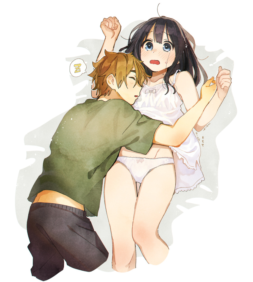 1boy 1girl arms_up artist_name assisted_exposure bangs black_hair black_shorts blue_eyes blush bow bow_panties breast_pillow breasts brown_hair chemise clenched_hands closed_mouth commentary cropped_legs dated dress dress_lift embarrassed frown green_shirt groin hair_strand hands_up hetero highres kitashirakawa_tamako lace lace-trimmed_panties legs lifted_by_another light_blush long_hair looking_at_another lying messy_hair momose_(oqo) nose_blush on_back on_bed on_person on_stomach ooji_mochizou open_mouth panties shirt short_dress shorts signature sleeping sleeping_on_person small_breasts spaghetti_strap spoken_zzz sundress t-shirt tamako_market thigh_gap underwear white_dress white_panties wide-eyed zzz