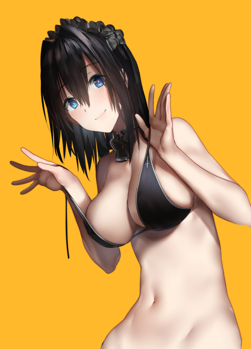 1girl araido_kagiri bare_arms bare_shoulders bikini black_bikini black_hair black_neckwear blue_eyes bow bowtie breasts cleavage closed_mouth detached_collar groin hair_between_eyes hands_up headdress highres large_breasts long_hair looking_at_viewer navel orange_background original sidelocks simple_background smile solo strap_pull swimsuit untied untied_bikini upper_body