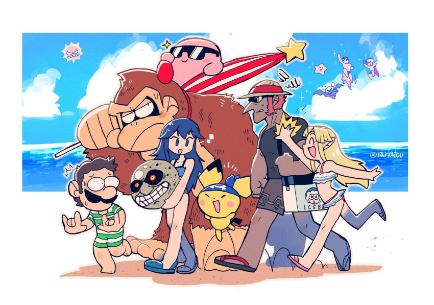 animal bandana bangs beach bikini black_hair blonde_hair blue_eyes blue_hair blush breasts brown_hair castlevania castlevania:_rondo_of_blood choker crossover donkey_kong donkey_kong_(series) earrings facial_hair fire_emblem fire_emblem_awakening ganondorf gerudo headband highres hug ice_climber jewelry kirby kirby_(series) long_hair lucina_(fire_emblem) luigi mario_(series) monado moon moon_(majora's_mask) multiple_boys mustache open_mouth pichu pointy_ears pokemon pokemon_(creature) ponytail rariatto_(ganguri) red_hair richter_belmondo short_hair shorts shulk smile sunglasses super_smash_bros. swimsuit the_legend_of_zelda the_legend_of_zelda:_a_link_between_worlds the_legend_of_zelda:_majora's_mask the_legend_of_zelda:_ocarina_of_time umbrella water xenoblade_(series) xenoblade_1