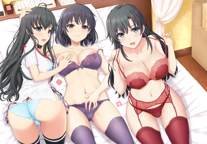 ass bra breast_hold cameltoe cleavage garter_belt hiratsuka_shizuka inanaki_shiki nipples open_shirt pantsu seifuku stockings string_panties thighhighs yahari_ore_no_seishun_lovecome_wa_machigatteiru. yukinoshita_haruno yukinoshita_yukino