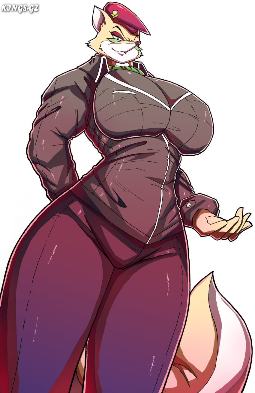 2019 anthro beret big_breasts breasts canid canine clothed clothing eyewear female fox glasses hat headgear headwear hi_res huge_breasts kings-gz low-angle_view lt._fox_vixen mammal military_uniform sek_studios simple_background solo squirrel_and_hedgehog standing thick_thighs uniform voluptuous