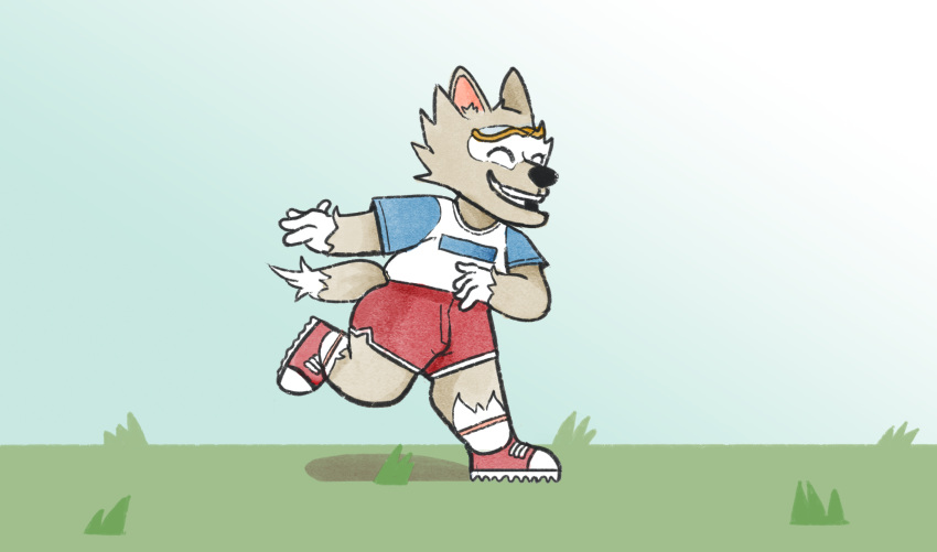 anthro canid canine canis clothed clothing digital_media_(artwork) eyewear fifa fur goggles hi_res male mammal mascot punstar simple_background solo wolf zabivaka