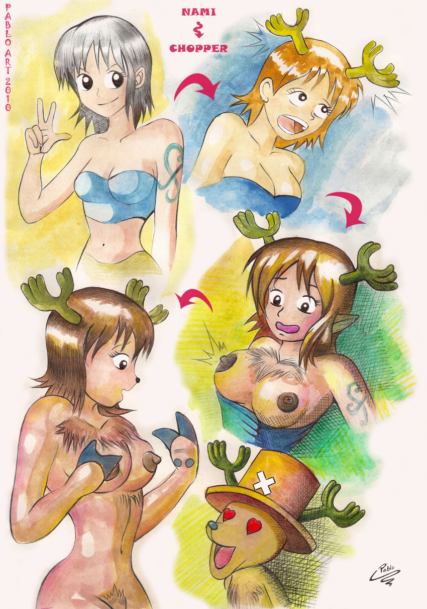 &lt;3 &lt;3_eyes 2010 absurd_res animal_humanoid anthro breast_expansion breasts brown_hair capreoline capreoline_humanoid cervid cervid_humanoid clothing duo female hair hat headgear headwear hi_res horn human humanoid locofuria male mammal mammal_humanoid nami_(one_piece) navel nipples nude one_piece open_mouth pubes reindeer reindeer_humanoid sequence simple_background smile solo_focus surprise tony_tony_chopper transformation
