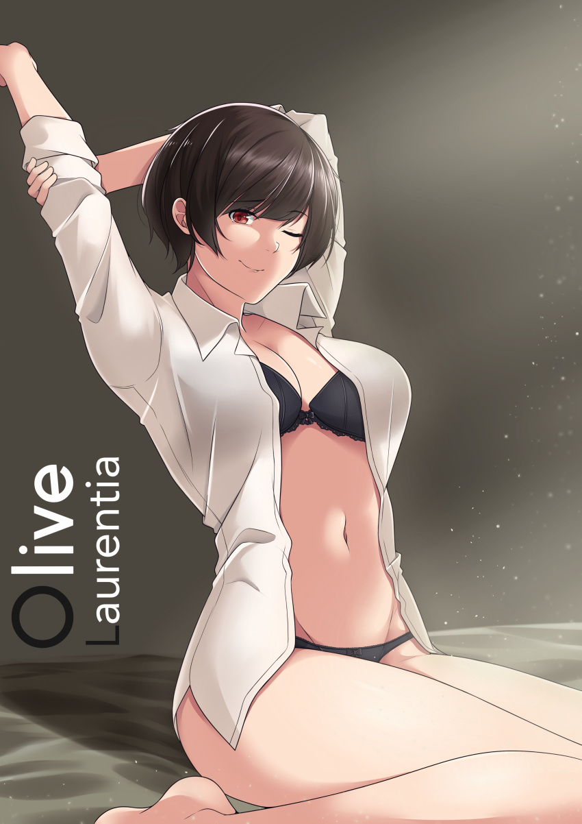 1girl absurdres arms_up bangs bed bed_sheet black_bra black_panties bra breasts brown_eyes brown_hair cleavage closed_mouth collared_shirt dress_shirt english_commentary eyebrows_visible_through_hair highres large_breasts looking_at_viewer monokhromatiq navel olive_laurentia one_eye_closed open_clothes open_shirt original panties pixie_cut shirt short_hair sitting sleeves_rolled_up smile stomach stretch thighs unbuttoned underwear wariza white_shirt