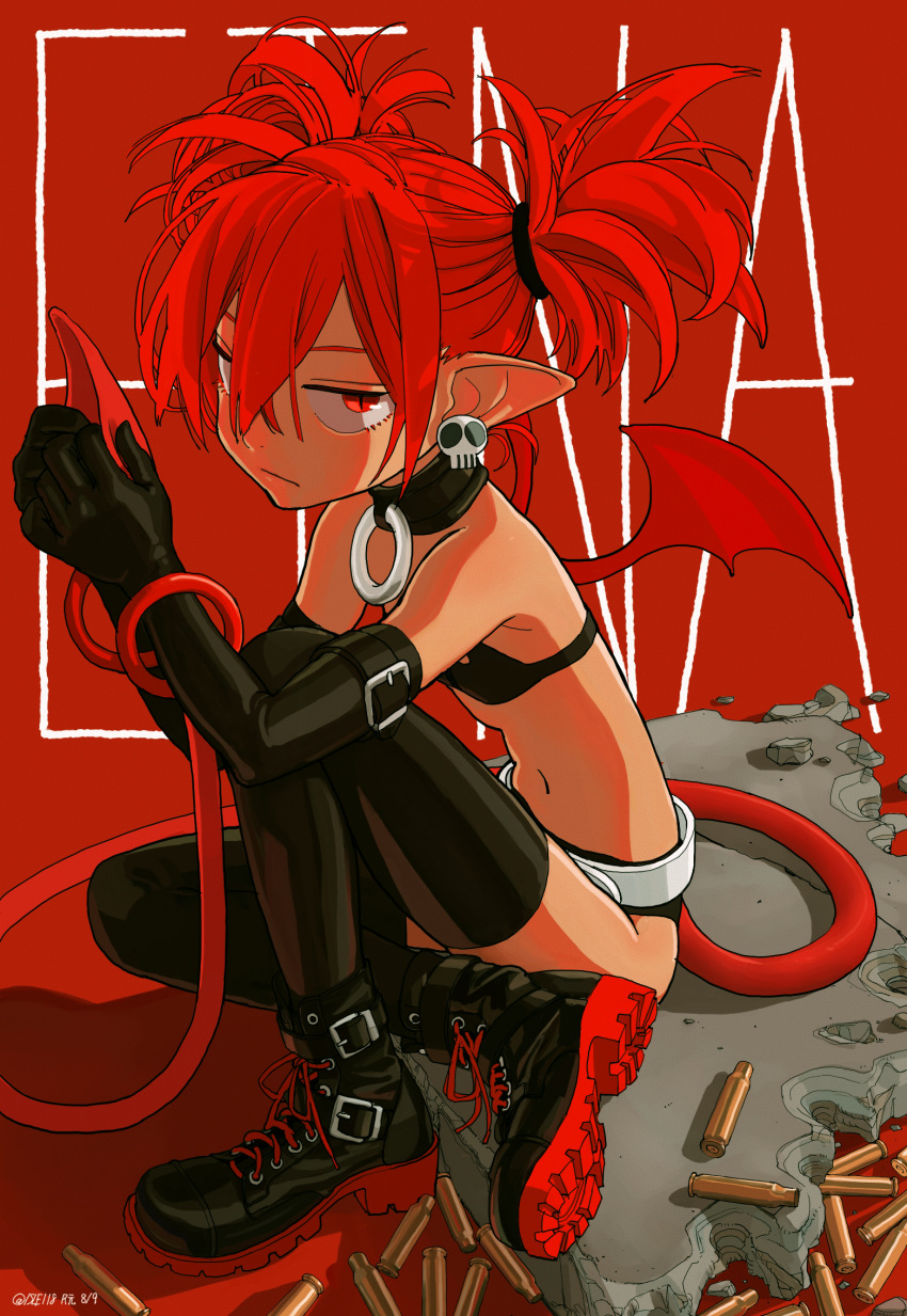 1girl black_gloves black_legwear character_name dated demon_girl demon_tail demon_wings disgaea earrings elbow_gloves etna expressionless eyebrows_visible_through_hair flat_chest glaring gloves highres isle118 jewelry jitome long_hair looking_at_viewer makai_senki_disgaea mini_wings navel pointy_ears red_eyes red_hair red_wings shell_casing shoe_soles shoelaces skull_earrings solo tail thighhighs twitter_username wings