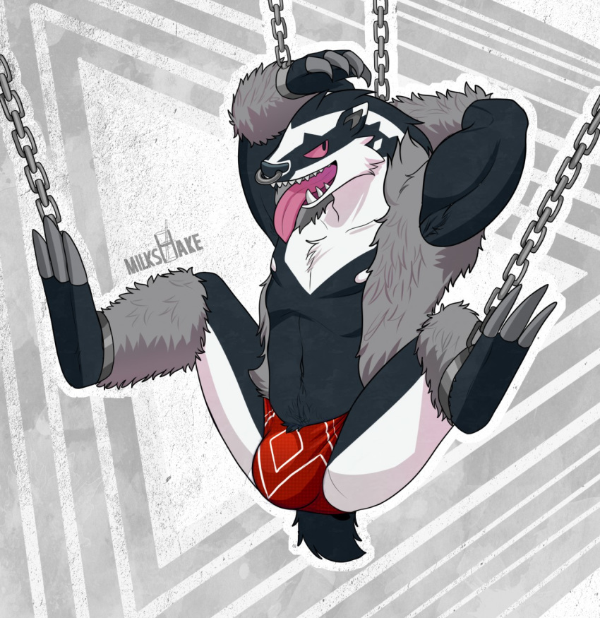 2019 3_toes 5_fingers ankles_tied anthro areola arm_tuft armpit_hair arms_bound arms_tied bdsm big_bulge biped black_ears black_fur black_mane black_markings black_nose black_tail body_hair bondage bound bulge chain chained cheek_tuft chest_tuft claws clothed clothing collarbone digital_drawing_(artwork) digital_media_(artwork) dipstick_ears exposed facial_piercing fingers full-length_portrait fully_bound fur fur_tuft grey_background grey_claws grey_fur grey_theme hand_behind_head happy_trail hi_res leg_tuft light lighting long_claws long_tongue looking_aside looking_away male mammal mane markings milkshakefrappucino multicolored_ears multicolored_fur mustelid navel nintendo no_sclera nose_piercing nose_ring obstagoon open_mouth open_smile pecs piercing pink_eyes pink_tongue pok&eacute;mon pok&eacute;mon_(species) portrait pseudo_clothing pubes raised_arm red_clothing red_underwear septum_piercing shadow sharp_teeth simple_background smile snout soles solo spread_legs spreading suspended_in_midair suspension teeth toe_claws toes tongue tongue_out topless tuft two_tone_ears two_tone_fur underwear video_games white_areola white_ears white_fur