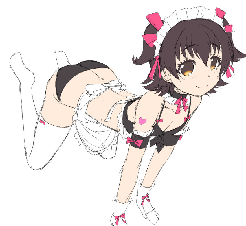 1girl akagi_miria arm_support ass back back_bow bangs black_hair black_panties blush bow breasts brown_eyes butt_crack camisole choker closed_mouth crop_top dimples_of_venus eyebrows_visible_through_hair feet_up flat_ass flat_color flipped_hair full_body gloves hair_between_eyes heart highres idolmaster idolmaster_cinderella_girls legs looking_at_viewer lowleg lowleg_panties matatabi_(2ccp) outstretched_arms panties short_hair simple_background sketch small_breasts smile solo two_side_up underwear underwear_only white_background white_gloves white_legwear