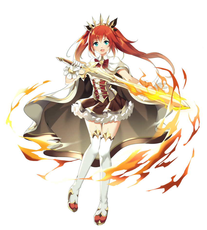 1girl :d black_ribbon blue_eyes boots brown_cape brown_skirt cape commentary fire flaming_sword frilled_skirt frills full_body gloves hair_ribbon highres holding holding_sword holding_weapon long_hair multicolored multicolored_cape multicolored_clothes open_mouth original pleated_skirt red_hair ribbon shirt simple_background skirt smile solo sword symbol_commentary thigh_boots thighhighs tiara twintails weapon white_background white_cape white_footwear white_gloves white_legwear white_shirt xianguang