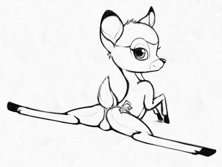 4:3 animated bambi bambi_(film) bulge butt cervid clothed clothed_feral clothing disney eyelashes feral flexible fur grose hi_res hooves looking_at_viewer looking_back male mammal money monochrome skimpy smile solo speedo splits spread_legs spreading swimwear twerking