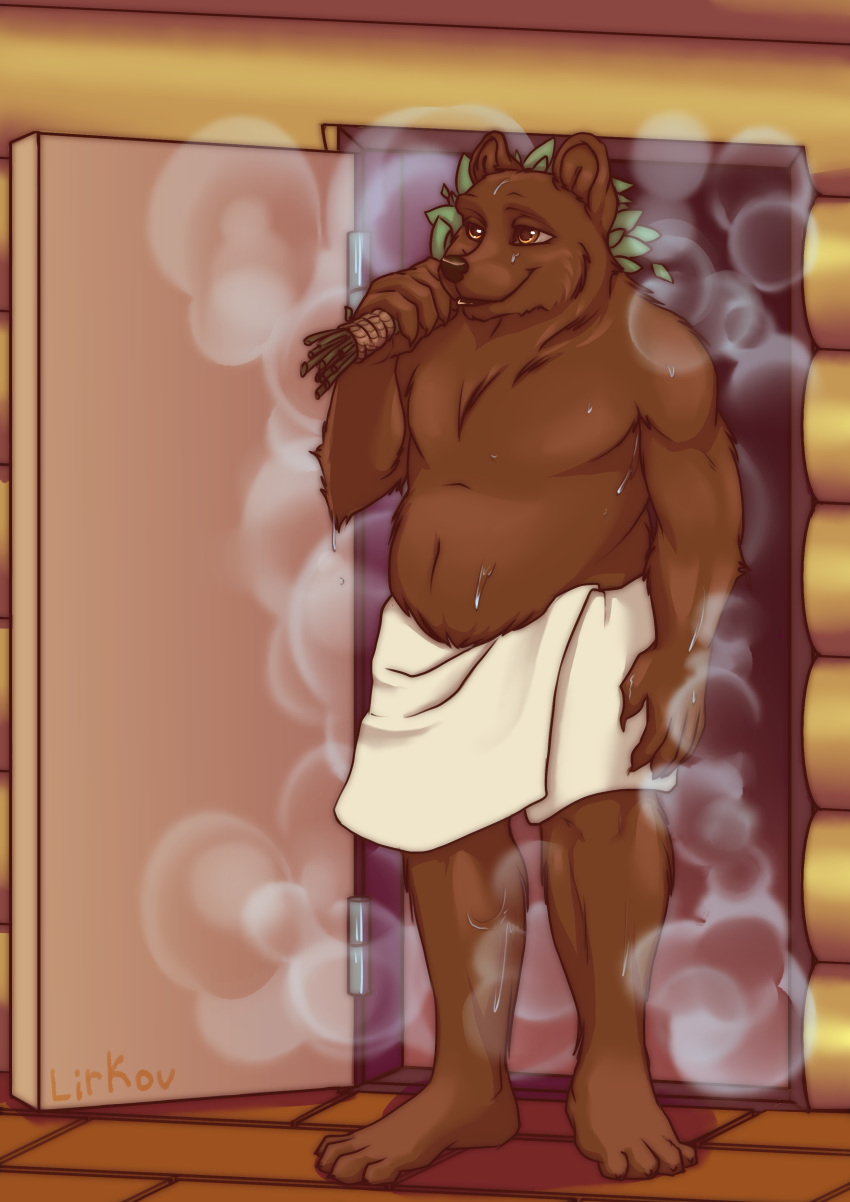 2019 absurd_res anthro bath bathhouse brown_fur digital_media_(artwork) fur hi_res lirkov male mammal solo towel ursid