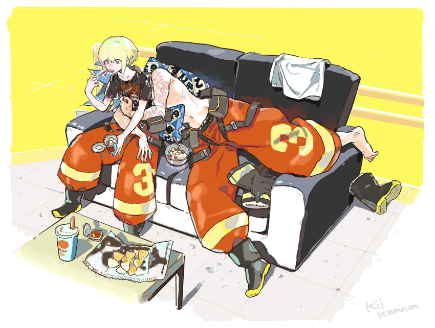 2boys baggy_pants barefoot blue_hair boots burn_scar can canned_food chest chips couch eating food galo_thymos gloves green_hair highres hug hug_from_behind lio_fotia male_focus multiple_boys niwa pants pillow potato_chips promare purple_eyes scar shirtless spiked_hair spoon spoon_in_mouth