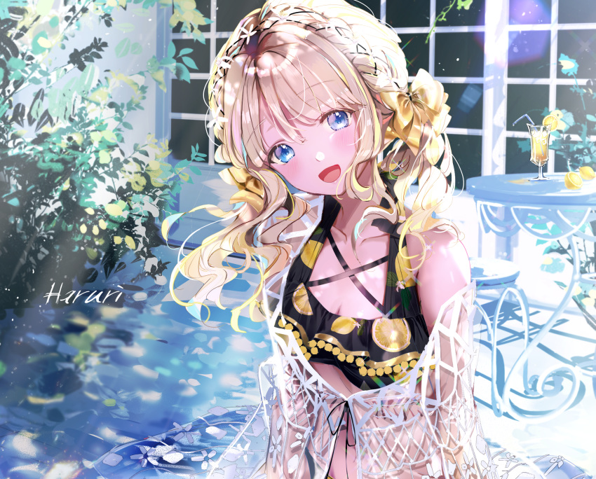 bikini blonde_hair blue_eyes blush bow braids cropped drink food fruit leaves long_hair mullpull original signed swimsuit