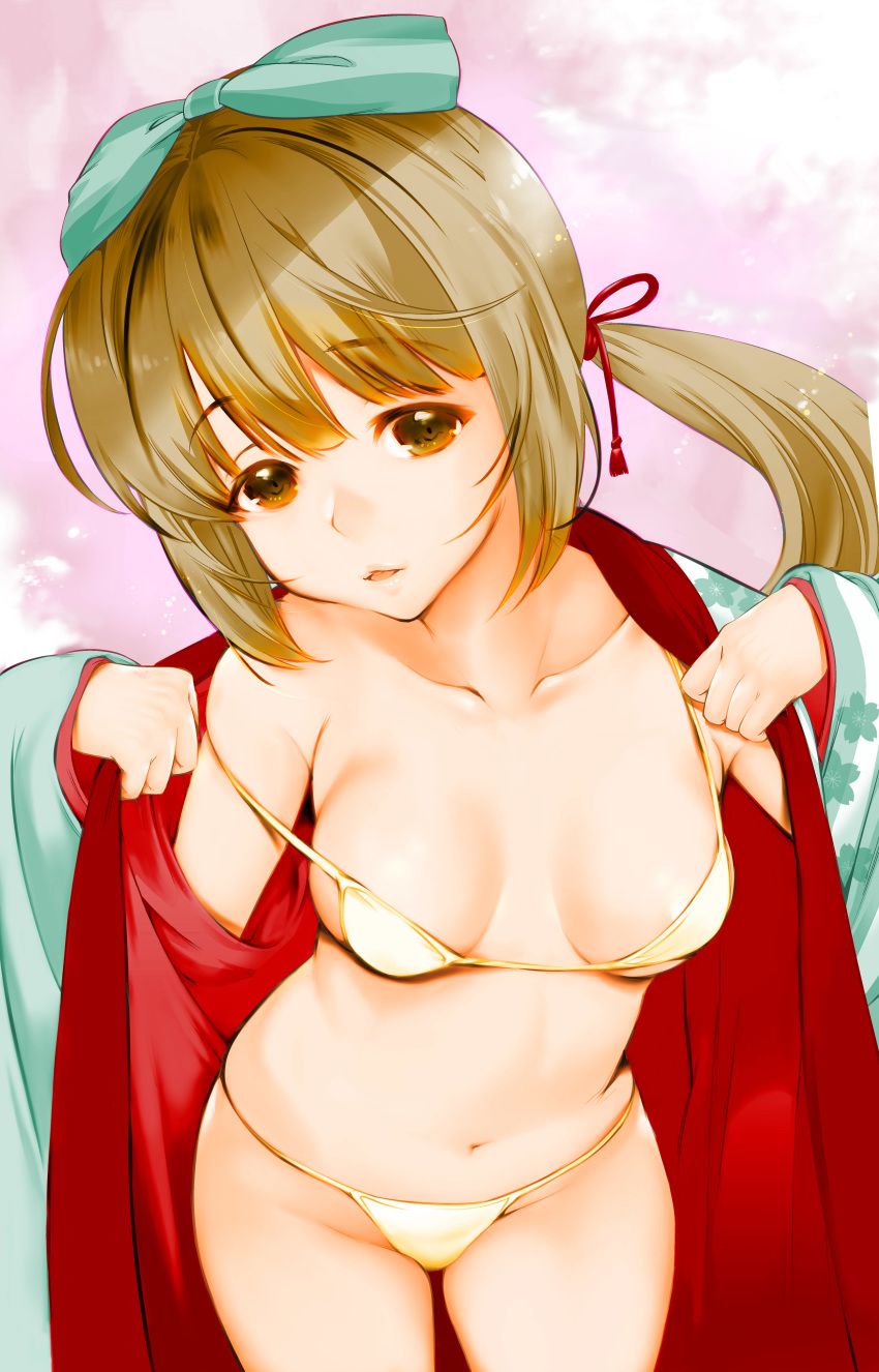 1girl absurdres bangs bikini bikini_under_clothes bow brown_eyes brown_hair collarbone commentary_request cowboy_shot eyebrows_visible_through_hair floral_print green_bow hair_bow head_tilt highres idolmaster idolmaster_cinderella_girls idolmaster_cinderella_girls_starlight_stage japanese_clothes kimono long_hair looking_at_viewer navel open_mouth ponytail print_kimono shigaoka solo standing stomach strap_slip swimsuit tareme undressing wide_sleeves yellow_bikini yorita_yoshino