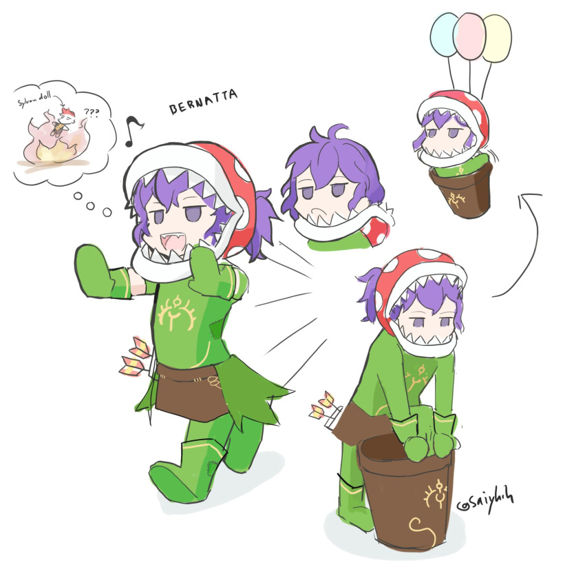 1girl arrow balloon bernadetta_von_varley chibi commentary company_connection cosplay english_commentary fangs fire_emblem fire_emblem:_three_houses flower_pot highres mario_(series) mittens nintendo piranha_plant piranha_plant_(cosplay) purple_eyes purple_hair quiver saiykik short_hair solo