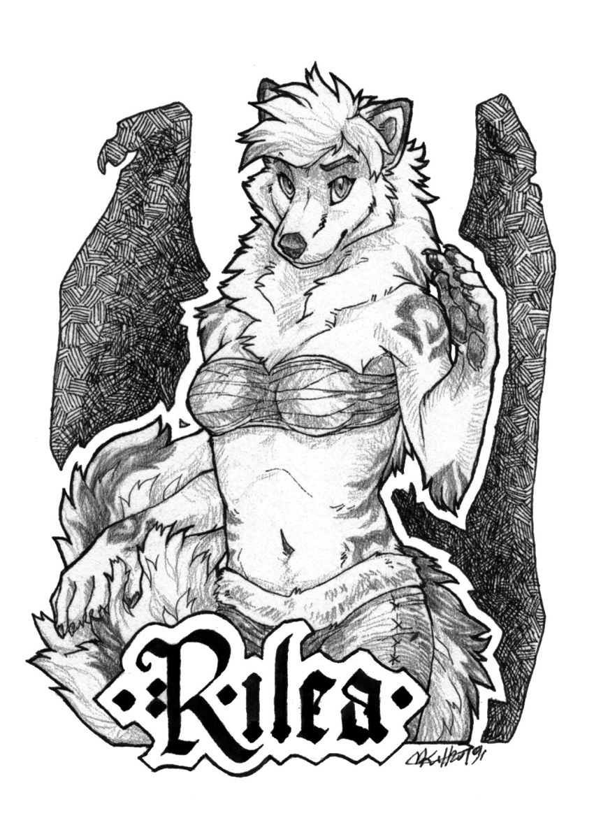 anthro arctic black_and_white breasts canid canine covered_breasts female fox fuckie fur hi_res looking_at_viewer mammal monochrome neck_fur paws rilea