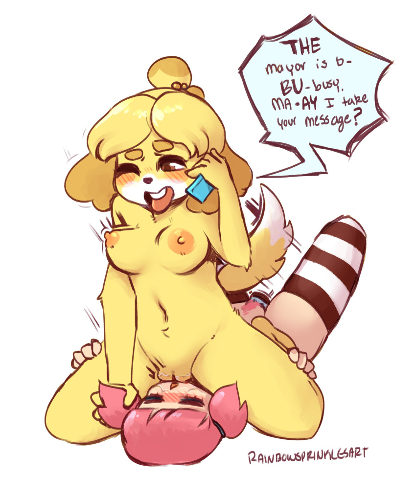 2019 absurd_res animal_crossing anthro anthro_penetrated big_breasts blonde_hair blush bodily_fluids breasts canid canine canis cellphone cunnilingus domestic_dog duo female female/female female_penetrated fur genital_fluids hair hi_res holding_object human human_on_anthro human_penetrating human_penetrating_anthro interspecies isabelle_(animal_crossing) mammal masturbation navel nintendo nipples nude one_eye_closed open_mouth oral penetration phone pink_hair pussy pussy_juice rainbowsprinklesart sex sex_toy shih_tzu simple_background speech_bubble text toy_dog toying_self vaginal vaginal_masturbation vaginal_penetration video_games villager_(animal_crossing) yellow_fur