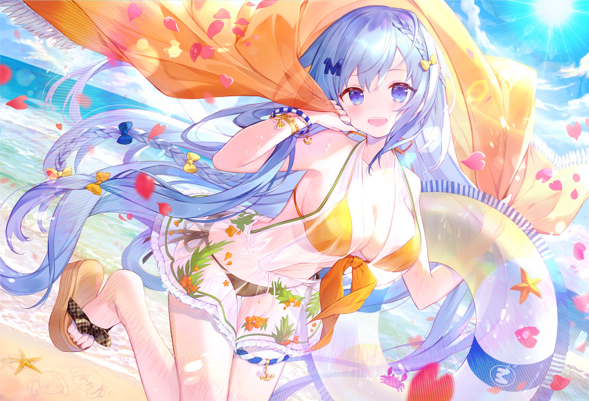 1girl :d bangle bangs bikini bikini_under_clothes black_bikini_bottom blue_eyes blue_hair blue_sky blush bracelet breasts cleavage cloud collarbone day emori_miku emori_miku_project eyebrows_visible_through_hair floating_hair hair_ornament hairclip highres holding holding_innertube ibara_riato innertube jewelry large_breasts leg_up long_hair looking_at_viewer open_mouth orange_bikini_top outdoors sandals see-through side-tie_bikini sidelocks sky smile solo swimsuit very_long_hair wind wristband