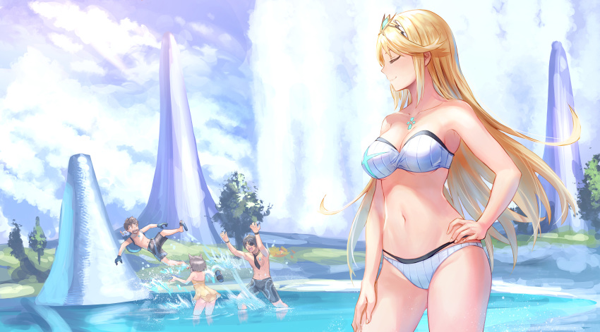 2boys 2girls absurdres anbe_yoshirou animal_ears arm_at_side bikini blonde_hair blue_sky breasts cat_ears cleavage closed_eyes hand_on_hip highres hikari_(xenoblade_2) lake male_swimwear midair multiple_boys multiple_girls navel niyah one-piece_swimsuit rex_(xenoblade_2) seiryuu_(xenoblade) sky smile spiked_hair splashing stomach swim_trunks swimsuit swimwear tiara water xenoblade_(series) xenoblade_2 zeke_b_arutimetto_genbu