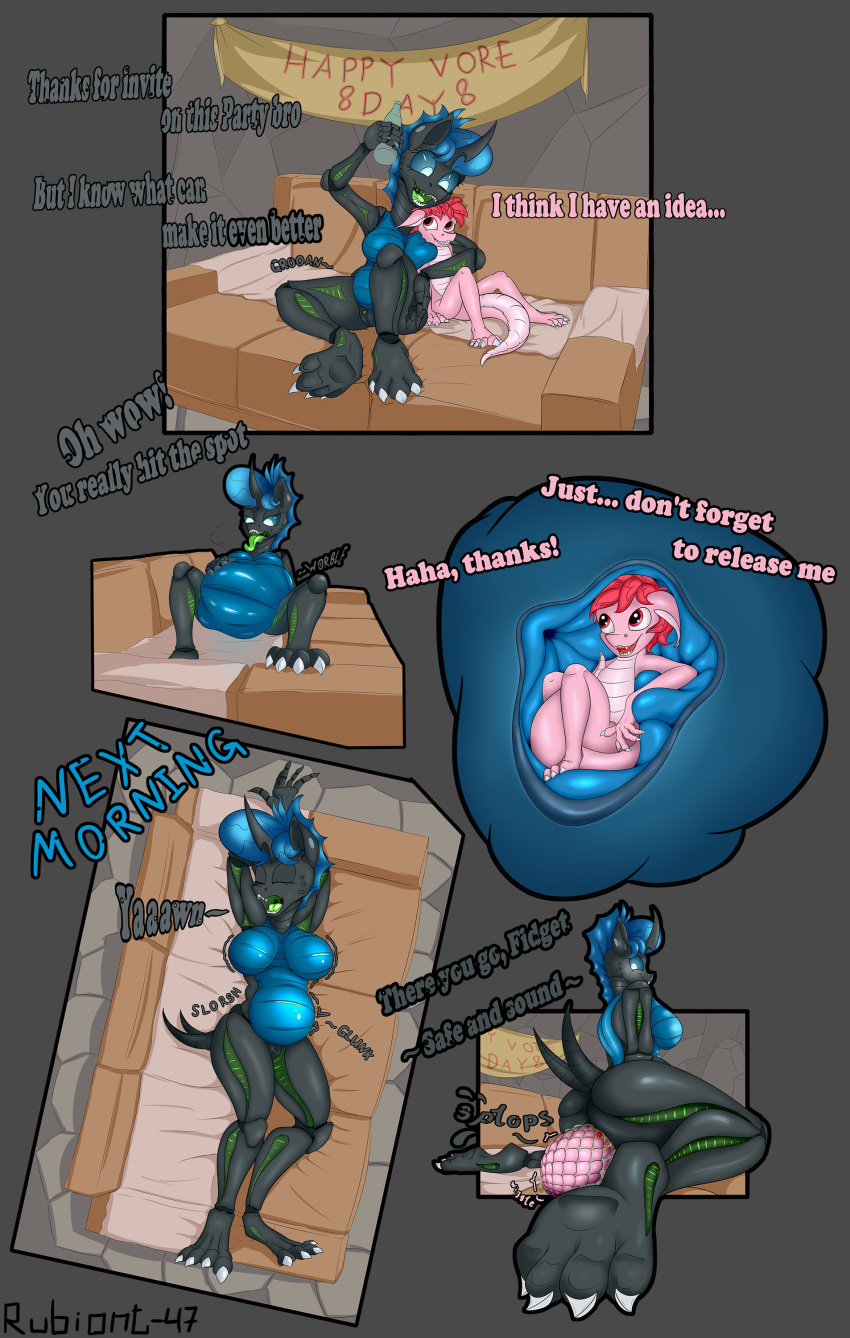 2019 8/8 absurd_res age_regression anthro arthropod bed belly big_(disambiguation) big_belly big_breasts big_butt bodily_fluids breasts butt changeling claws comic crossgender dialogue digital_media_(artwork) dracony dragon duo egg english_text equid equine exoskeleton eyes_closed fangs female female_pred fidget_tail fingers friendship_is_magic genital_fluids hair hi_res horn horse inside male mammal my_little_pony nude open_mouth pony pussy rubiont-47 size_difference sleeping smile sofa teeth text toe_claws toes tongue transformation unbirthing uterus vaginal vore vore_day