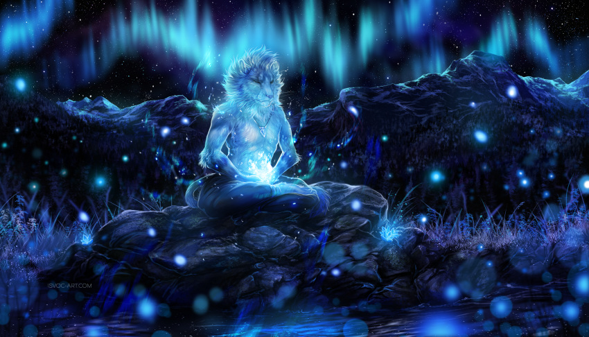 2019 amazing_background anthro aura blue_theme clothed clothing detailed_background digital_media_(artwork) eyes_closed felid fur grass hi_res isvoc lion male mammal night outside pantherine sky solo star starry_sky topless water white_fur