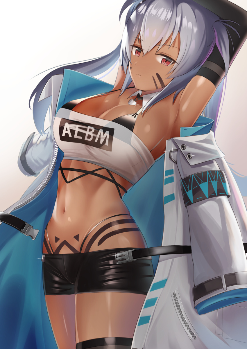 1girl alabama_(azur_lane) armpits arms_up azur_lane bangs black_gloves bodypaint breasts choker cleavage closed_mouth cowboy_shot dark_skin detached_collar elbow_gloves facepaint gloves heart heart_choker highleg highres jacket_on_shoulders kyuuri_no_tsukemono long_hair looking_at_viewer native_american navel red_eyes short_shorts shorts sidelocks silver_hair solo stretch thighhighs twintails
