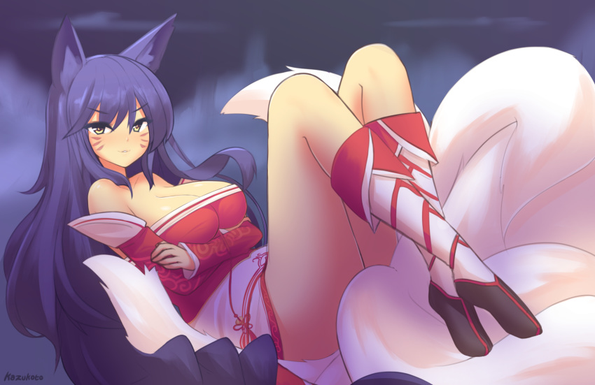 2019 ahri_(lol) animal_humanoid big_breasts black_hair breasts canid canid_humanoid canine canine_humanoid clothed clothing digital_media_(artwork) female fluffy fluffy_tail fox_humanoid fox_tail fur hair hi_res humanoid kazukoto league_of_legends legwear long_hair looking_at_viewer mammal mammal_humanoid riot_games simple_background smile thigh_highs traditional_clothing video_games yellow_eyes