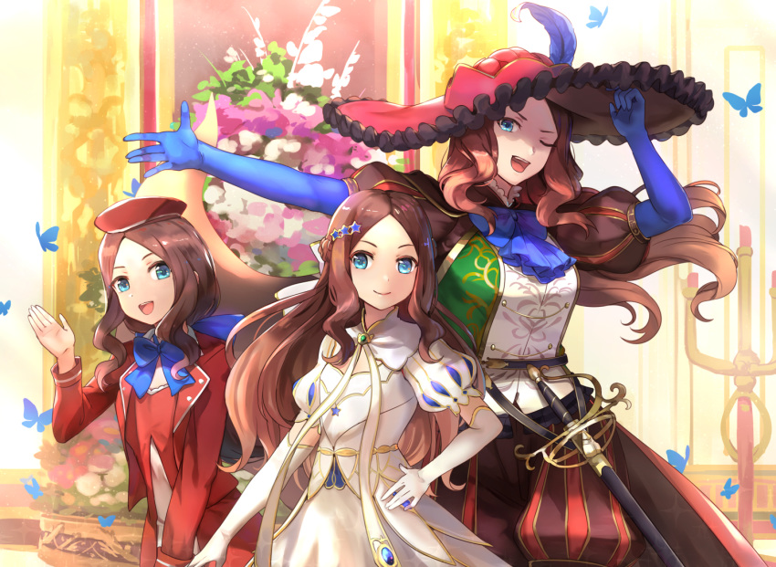 aqua_eyes bow brown_hair butterfly dress elbow_gloves fate/grand_order fate_(series) feathers gloves hat hsin leonardo_da_vinci_(fate) long_hair tail