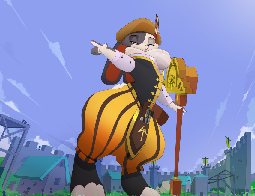 2019 absurd_res armello building clothing commoddity dewlap_(anatomy) elyssia_(armello) female gesture hi_res lagomorph leporid lidded_eyes macro mammal pointing rabbit semi-anthro solo town video_games