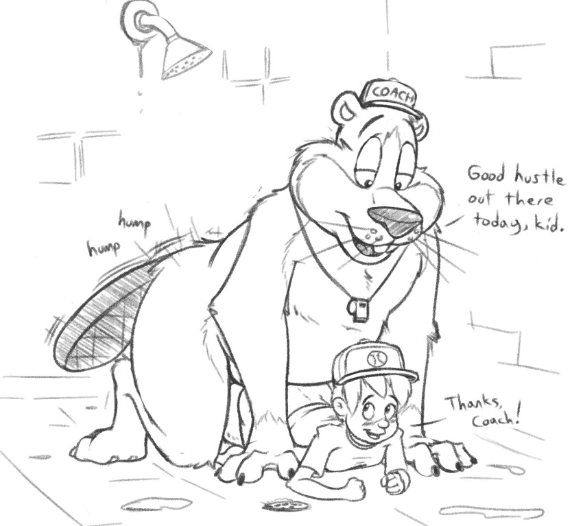 anthro beaver child coach emenius from_behind_position happy hi_res human human_on_anthro interspecies male male/male mammal monochrome rodent sex shower size_difference speed_bump_position young