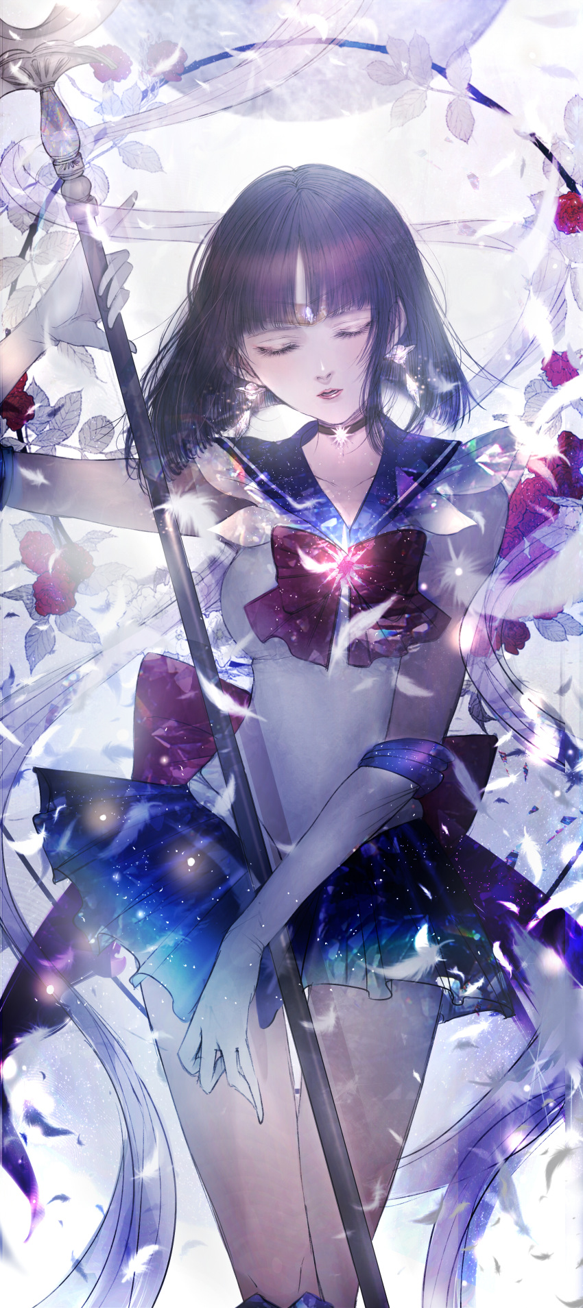 1girl abstract_background absurdres back_bow bishoujo_senshi_sailor_moon black_hair bow brooch choker closed_eyes cowboy_shot elbow_gloves expressionless facing_viewer gloves highres holding holding_spear holding_weapon jewelry kuroe magical_girl pleated_skirt polearm purple_bow purple_neckwear purple_sailor_collar purple_skirt sailor_collar sailor_saturn sailor_senshi_uniform short_hair silence_glaive skirt solo spear standing star star_choker tomoe_hotaru weapon white_gloves