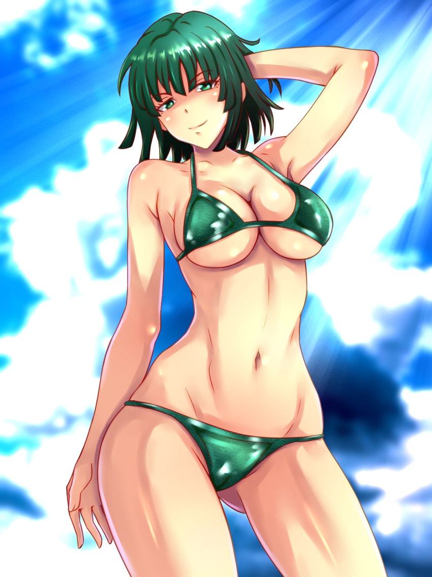 1girl arm_up ass_visible_through_thighs bangs bikini blue_sky blurry blurry_background blush breasts cloud day eyebrows_visible_through_hair fubuki_(one-punch_man) green_bikini green_eyes green_hair highres large_breasts navel nike_(0306) one-punch_man short_hair sky smile solo standing swimsuit