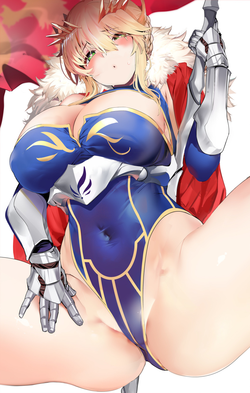 1girl ahoge artoria_pendragon_(all) artoria_pendragon_(lancer) ass bangs blue_gloves blue_legwear blue_leotard blush braid breasts cape cleavage covered_navel crown elbow_gloves fate/grand_order fate_(series) french_braid fur_trim gauntlets gloves green_eyes hair_between_eyes heart heart-shaped_pupils highleg highleg_leotard highres lance large_breasts leotard long_hair looking_at_viewer marushin_(denwa0214) open_mouth polearm red_cape rhongomyniad sidelocks simple_background solo spread_legs swept_bangs symbol-shaped_pupils thighs underbust weapon white_background