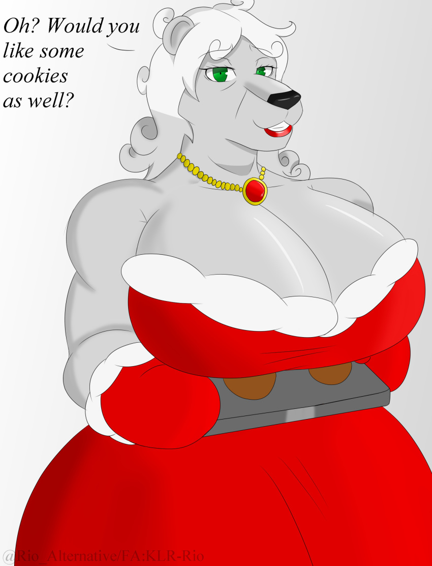 2019 absurd_res anthro big_breasts breasts clothed clothing cookie curled_hair digital_media_(artwork) dress female food fur green_eyes hair handwear hi_res humanoid_hands jewelry klr-rio lips looking_at_viewer mammal mature_female mittens mrs_claus necklace old polar_bear simple_background smile solo text thick_bottom_lip thick_thighs ursid ursine white_fur