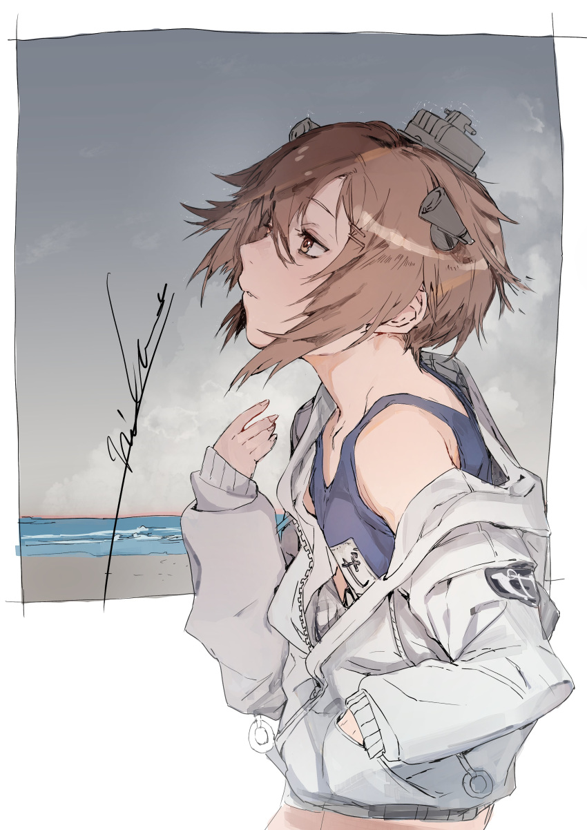 1girl absurdres blue_swimsuit brown_eyes brown_hair commentary_request cowboy_shot drawstring gradient_sky grey_sky headgear headset highres hiranko jacket kantai_collection looking_up name_tag profile school_swimsuit short_hair signature sky solo swimsuit swimsuit_under_clothes white_jacket yukikaze_(kantai_collection)