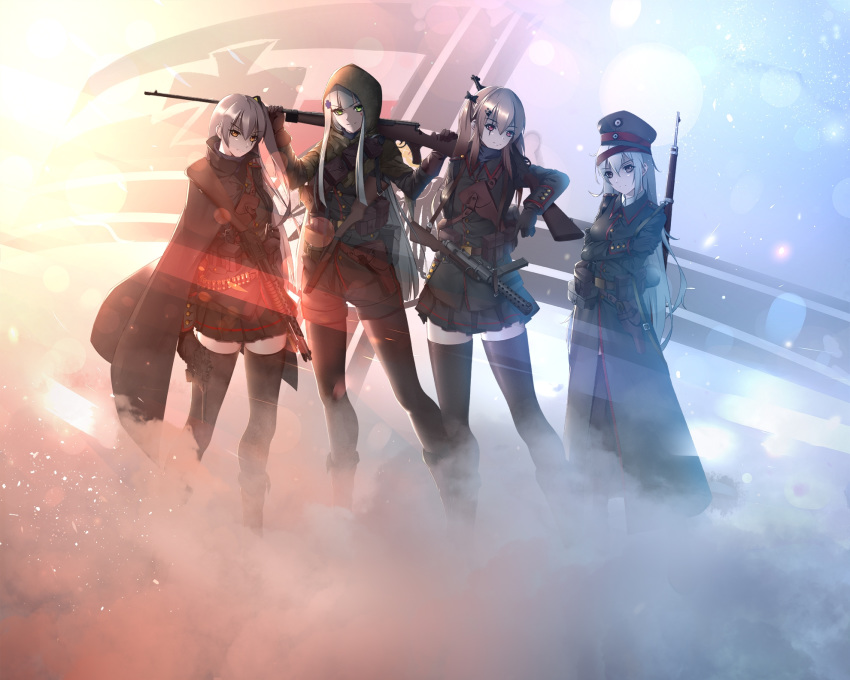 404_(girls_frontline) 4girls artist_name artist_request battlefield_1 cape commentary_request g11_(girls_frontline) girls_frontline gun hat highres hk416_(girls_frontline) holstered_weapon imperial_german_flag korean_commentary lens_flare mauser_t_gewehr military military_hat military_jacket military_uniform mp18 multiple_girls pantyhose rifle scar scar_across_eye shotgun shotgun_shells skirt submachine_gun thighhighs ump45_(girls_frontline) ump9_(girls_frontline) uniform weapon winchester_model_1897 world_war_i