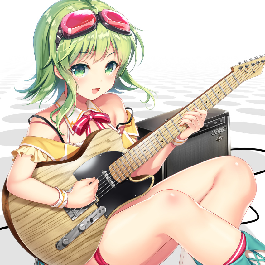 1girl :d bangs bare_shoulders black-framed_eyewear boots bow brown_shirt commentary_request cross-laced_footwear electric_guitar eyebrows_visible_through_hair fingernails goggles goggles_on_head green_eyes green_hair guitar gumi highres holding holding_instrument instrument lace-up_boots long_hair looking_at_viewer nametakenoko off-shoulder_shirt off_shoulder open_mouth red_bow shirt sitting smile solo speaker strap_slip striped striped_bow thigh_strap v-shaped_eyebrows vocaloid white_background white_footwear wing_collar wrist_cuffs
