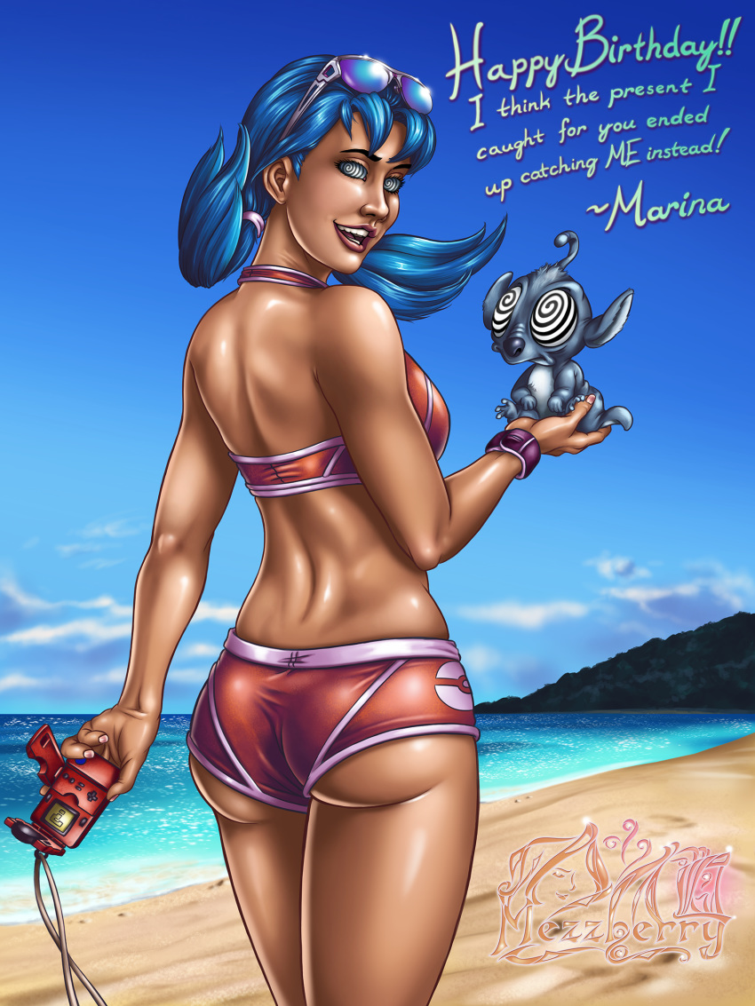 2015 3:4 3_toes absurd_res alien ambiguous_gender antennae_(anatomy) back_markings beach bikini blue_fur blue_hair blue_nose butt chest_tuft clothing crossover day detailed_background digital_media_(artwork) disney duo english_text experiment_(lilo_and_stitch) eyelashes eyewear eyewear_on_head female fur hair happy_birthday head_tuft hi_res holding_character holding_object holding_pok&eacute;dex human human_focus hypnosis larger_female larger_human lilo_and_stitch looking_at_another looking_at_viewer looking_back mammal marina_(pok&eacute;mon) markings mezzberry mind_control nintendo open_mouth open_smile outside pigtails pok&eacute;dex pok&eacute;mon seaside size_difference small_tail smile soft_shading spiral_eyes story story_in_description sunglasses sunglasses_on_head swimwear swirly_(lilo_and_stitch) text toes tropical tuft video_games watermark