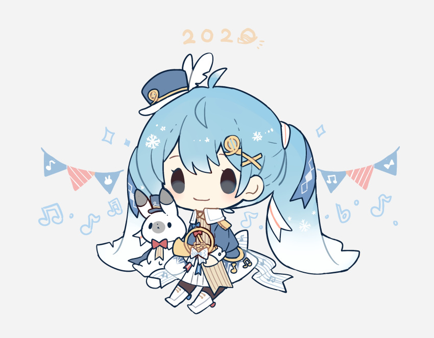 1girl 2020 band_uniform beamed_eighth_notes blue_hair boots bow bowtie bunny chibi collar collared_shirt eighth_note epaulettes flag french_horn gradient_hair hair_ornament hairclip hat hatsune_miku highres holding holding_instrument instrument long_hair maple_(57675110) mini_hat mini_top_hat multicolored_hair musical_note musical_note_print quarter_note red_neckwear ribbon shirt smile snowflake_print solid_oval_eyes sparkle thighhighs top_hat twintails very_long_hair vocaloid white_collar yuki_miku yuki_miku_(2020) yukine_(vocaloid)