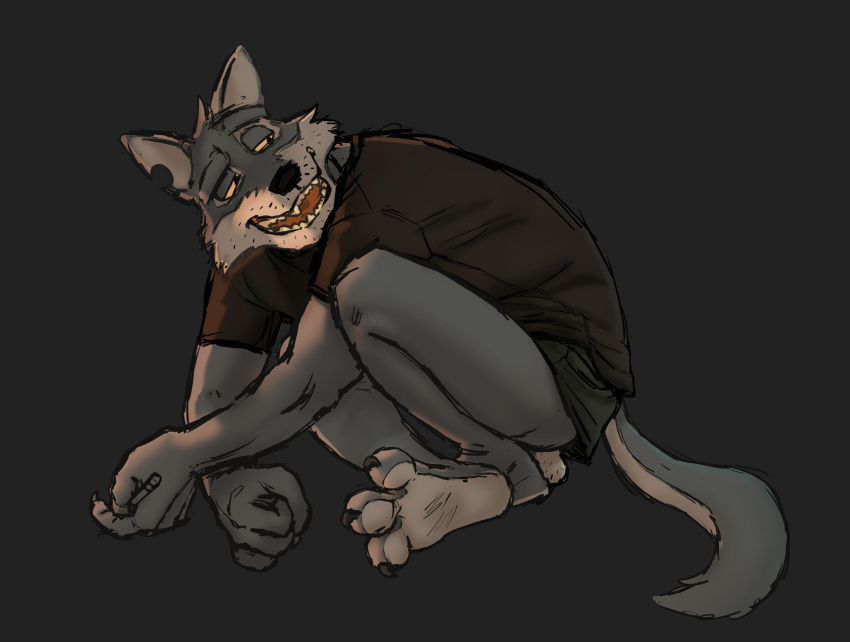 anthro balls bottomwear canid canine canis clothed clothing eddie_(orf) exposed facial_hair feet hairy_balls hi_res male mammal mature_male open_mouth orf soles solo spread_toes topwear wolf