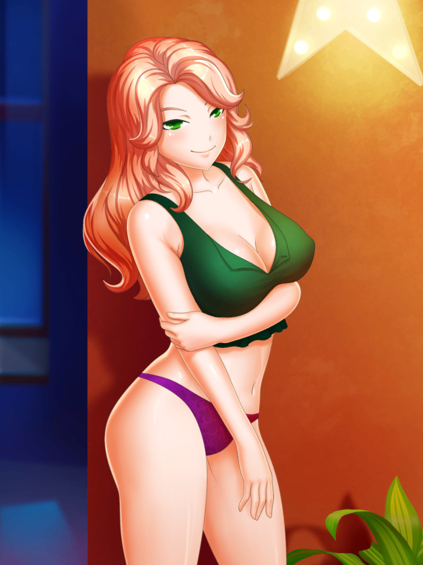 1girl abs artist_request bare_shoulders blonde_hair breasts building cleavage closed_mouth collarbone cowboy_shot date_crush_stories game_cg green_eyes green_shirt highres indoors kayla_(date_crush_stories) lamp leaf long_hair looking_at_viewer midriff navel night panties patterned_clothing plant potted_plant purple_panties shirt smile solo standing stomach underwear wall wall_lamp window